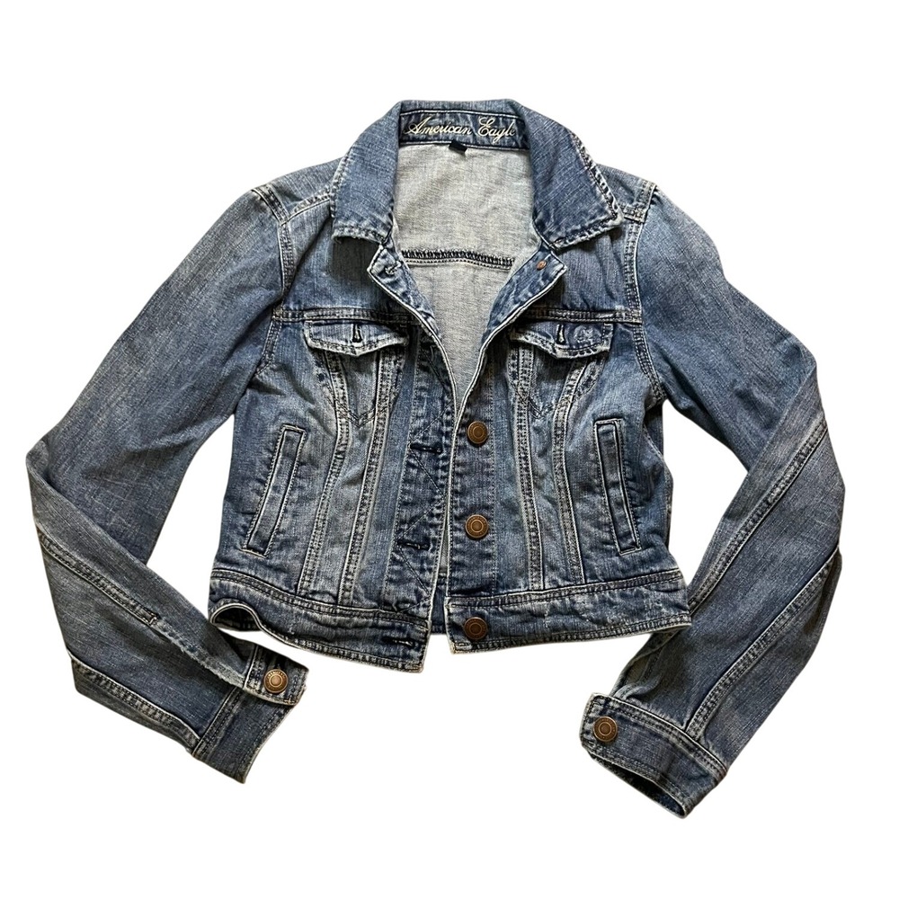 American Eagle Medium Wash Denim Trucker Jacket Cropped Blue Womens Small
